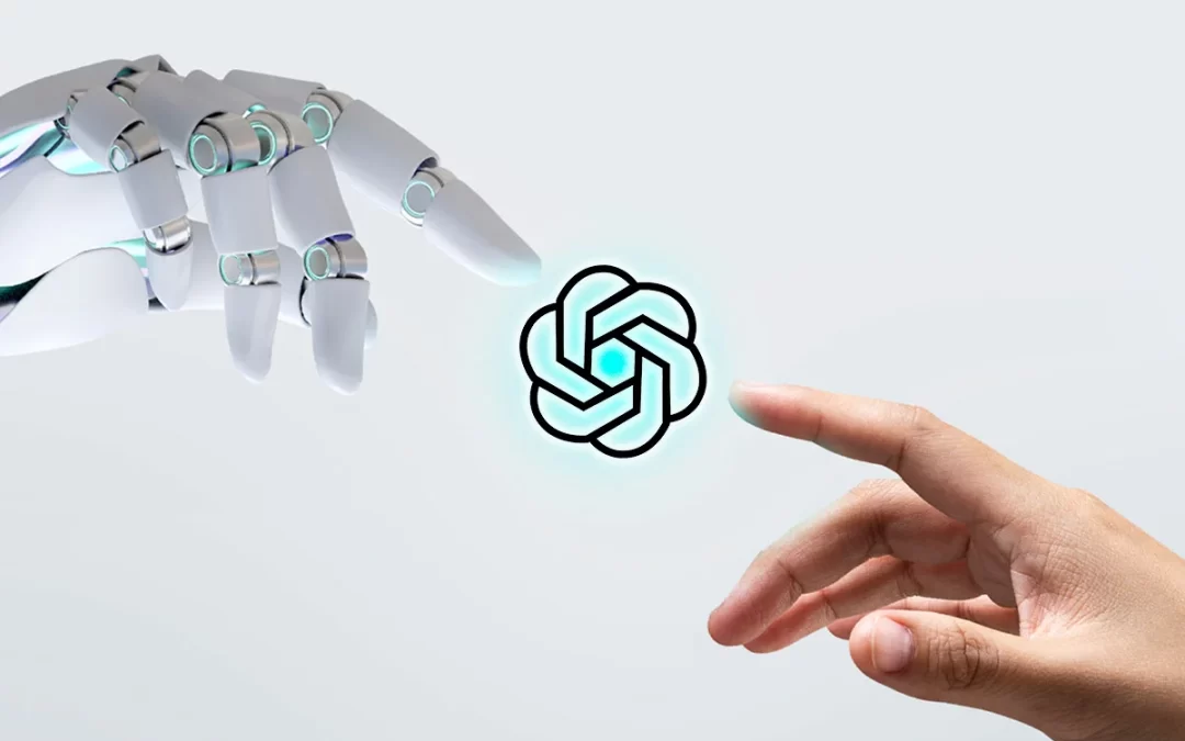 Mano robótica intentando conectar con mano humana para hablar de la aplicación del chat gpt o chat de inteligencia artificial en la creación de contenido y SEO por garajedoce.