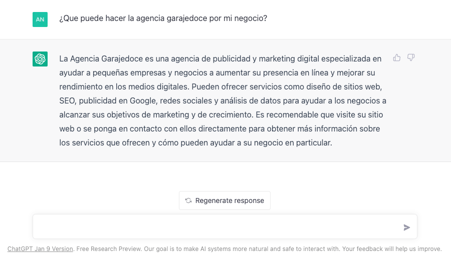 Pregunta realizar en la herramienta de inteligencia artificial acerca de la agencia de marketing digital en Alicante, garajedoce.