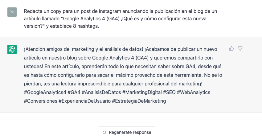 Texto o copy para redes sociales generado automáticamente con la herramienta de inteligencia artificial de openAI.