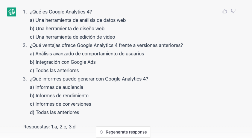 Crea tu propio cuestionario de preguntas como este acerca de Google Analytics 4 que hemos creado en garajedoce con chat gpt.