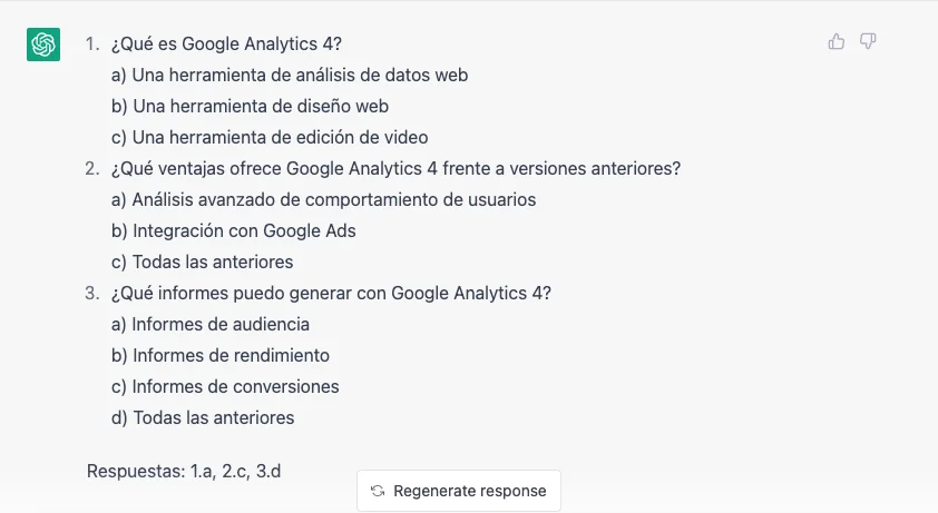 Crea tu propio cuestionario de preguntas como este acerca de Google Analytics 4 que hemos creado en garajedoce con chat gpt.