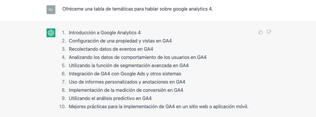 Buscador de temáticas sobre las que hablar en un artículo de blog o en una página de la web acerca de Google Analytics 4.