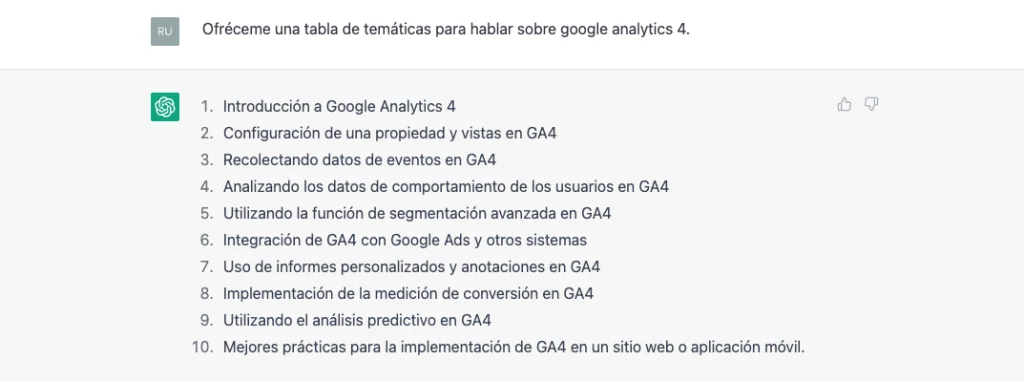 Buscador de temáticas sobre las que hablar en un artículo de blog o en una página de la web acerca de Google Analytics 4.