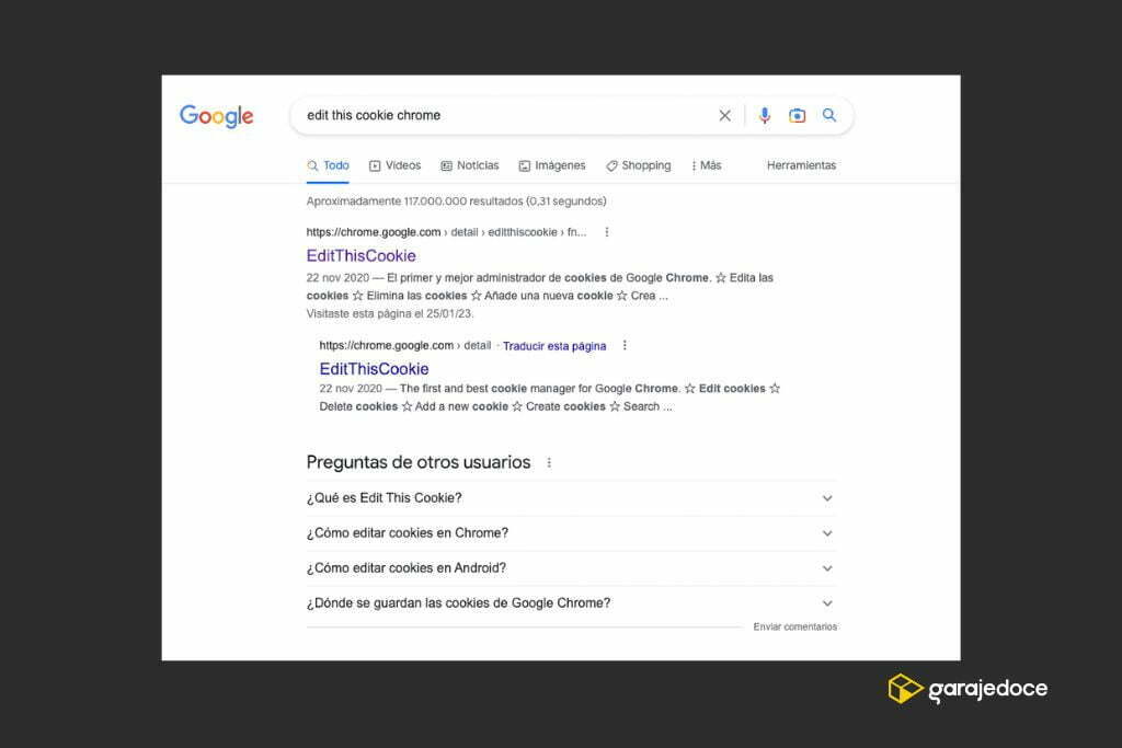 Pantalla de Google donde se accede a Edit This Cookie, extensión de Chrome que nos ayuda a analizar el consentimiento de cookies según garajedoce.