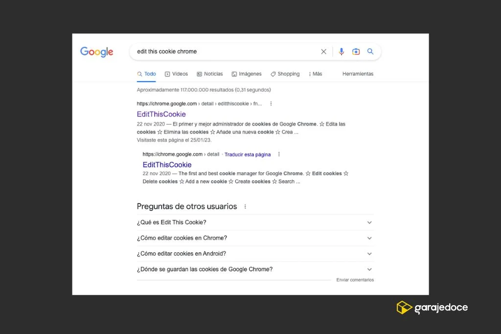 Pantalla de Google donde se accede a Edit This Cookie, extensión de Chrome que nos ayuda a analizar el consentimiento de cookies según garajedoce.