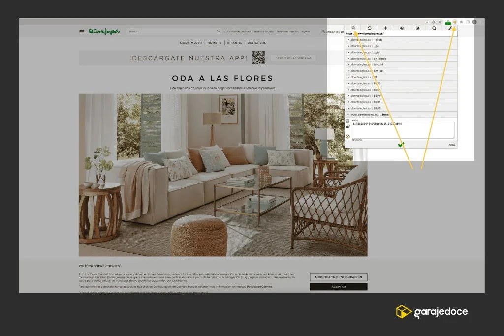 Prueba de Edit This Cookies en la web de El Corte Inglés.
