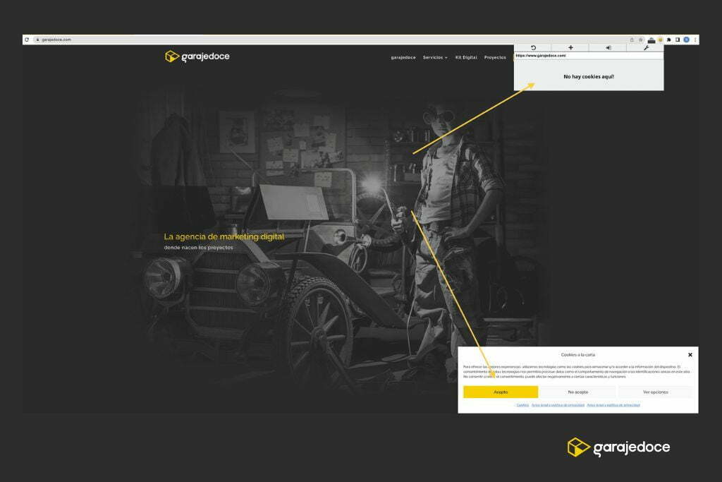 Tras analizar con Edit This Cookies y realizar los cambios pertinentes en Google Tag Manager, la web de garajedoce se adapta a la normativa.