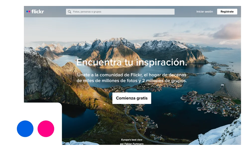 Captura de la pantalla de inicio de Flickr, la red social de compartimento de fotografías para hablar de las redes sociales horizontales y verticales.