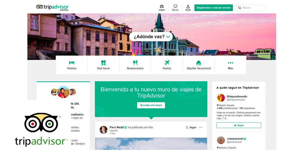 Captura de pantalla de la página de inicio de una de las redes sociales verticales: TripAdvisor.