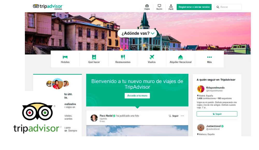 Captura de pantalla de la página de inicio de una de las redes sociales verticales: TripAdvisor.