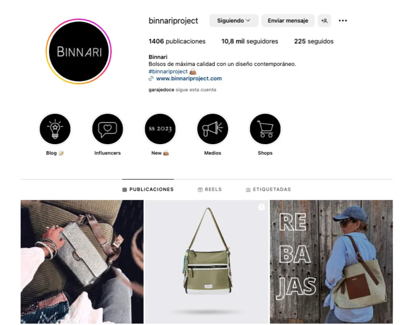 Perfil de Instagram de Binnari, una marca de bolsos que trabaja su imagen en redes sociales.