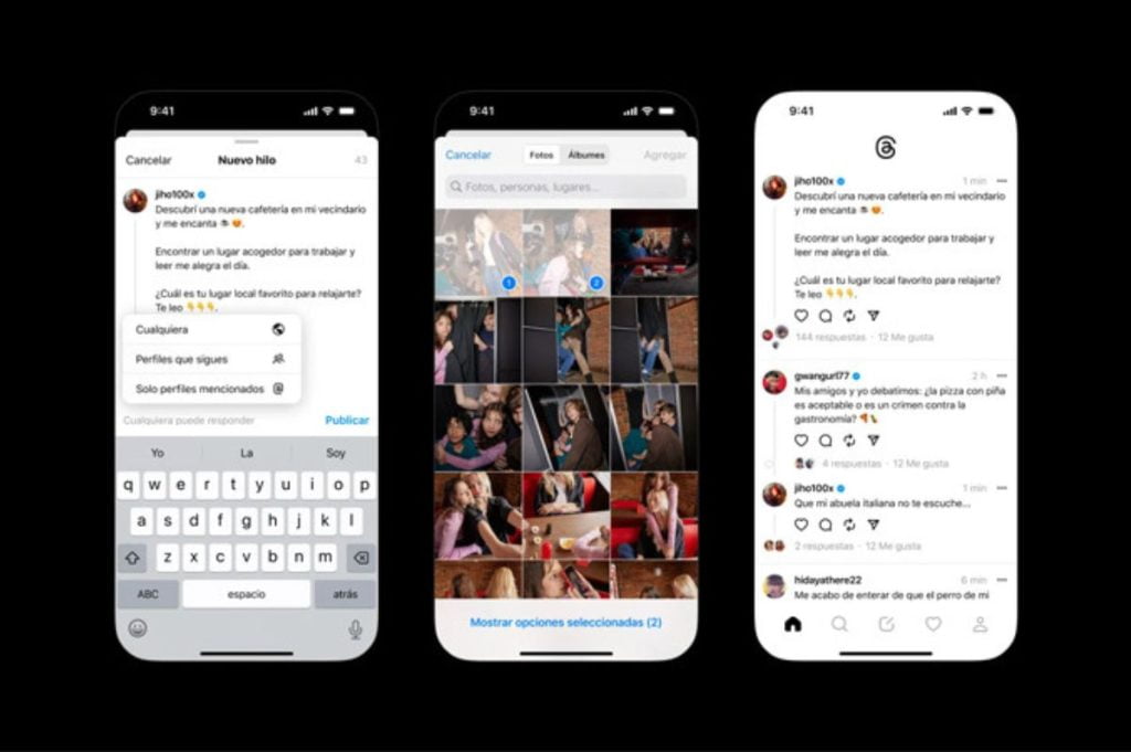 3 móviles mostrando las funcionalidades de Threads como app que lucha por acoger el público de Twitter.