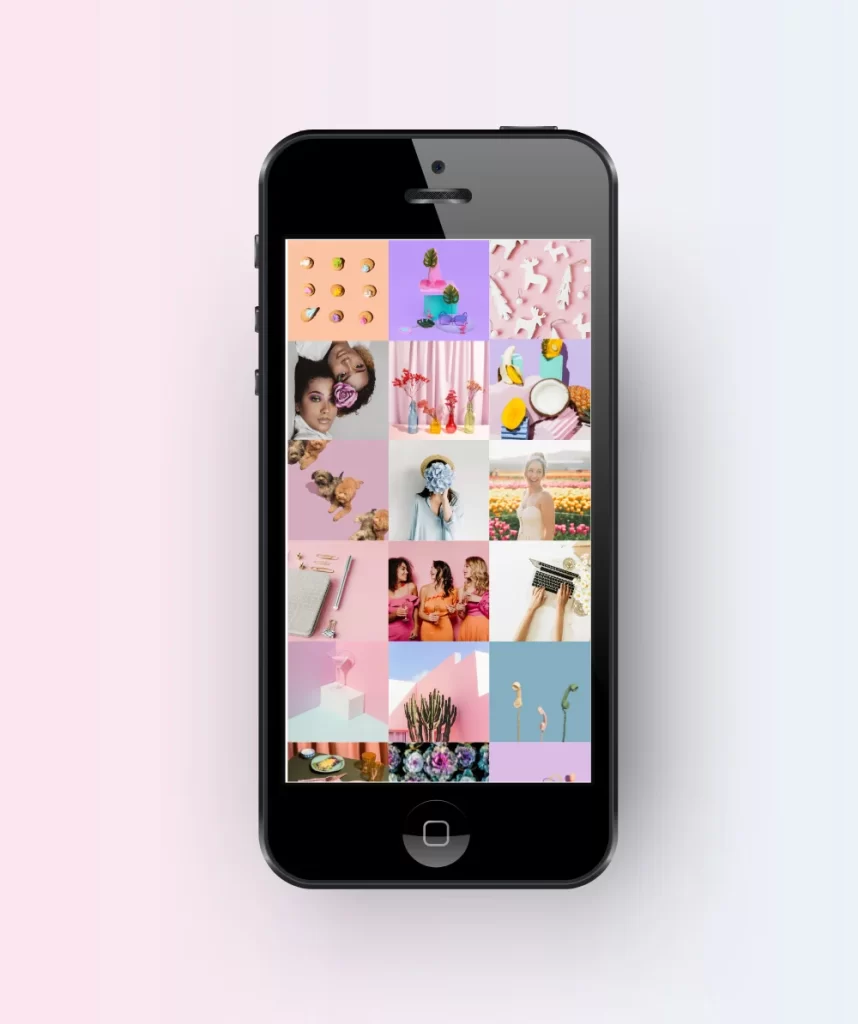 Feed de Instagram en un móvil sobre fondo con degradado de color.