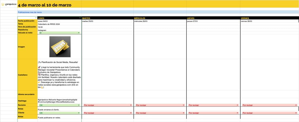 Captura de la plantilla del calendario editorial de RRSS de garajedoce.