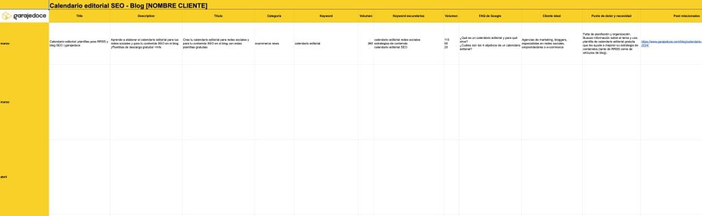 Captura de la plantilla del calendario editorial de SEO para blogs de garajedoce.