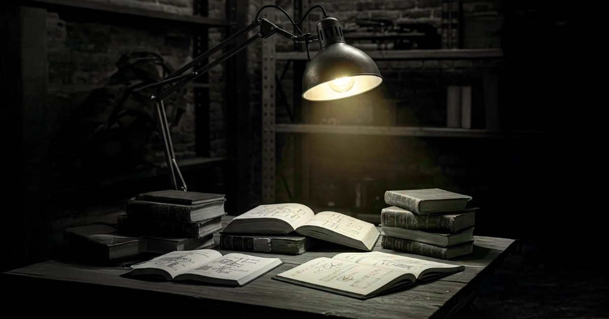 Imagen de un garaje con un flexo de luz amarilla iluminando diversos libros de marketing digital sobre una mesa de madera.