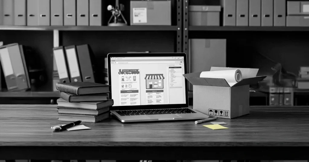 Un portatil sobre una mesa de madera y archivadores de fondo emulando una tienda online o e-commerce.
