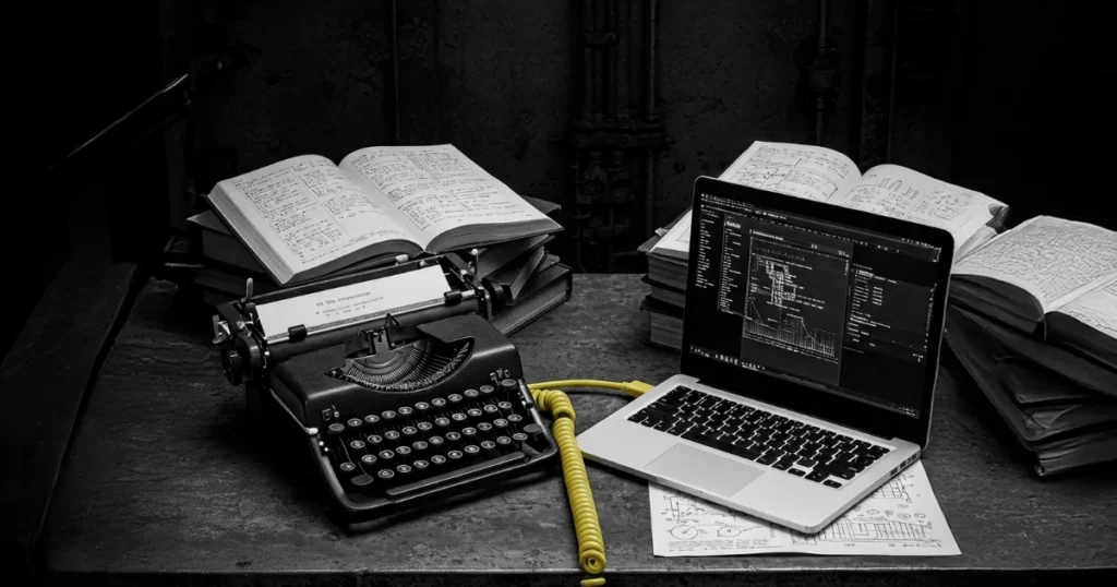 Representación de la figura del copywriter: una máquina de escribir y un ordenador portátil. Justo detrás, uno de los libros de marketing digital recomendados por garajedoce.