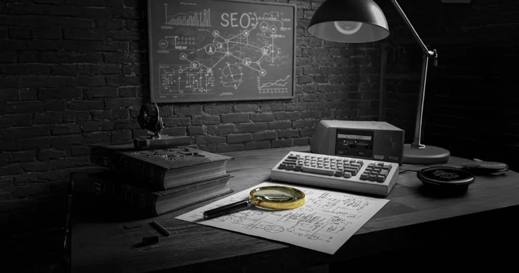 Mesa de madera sobre la que hay un mapa y una lupa amarilla con un flexo apuntando, simulando el servicio de posicionamiento SEO.