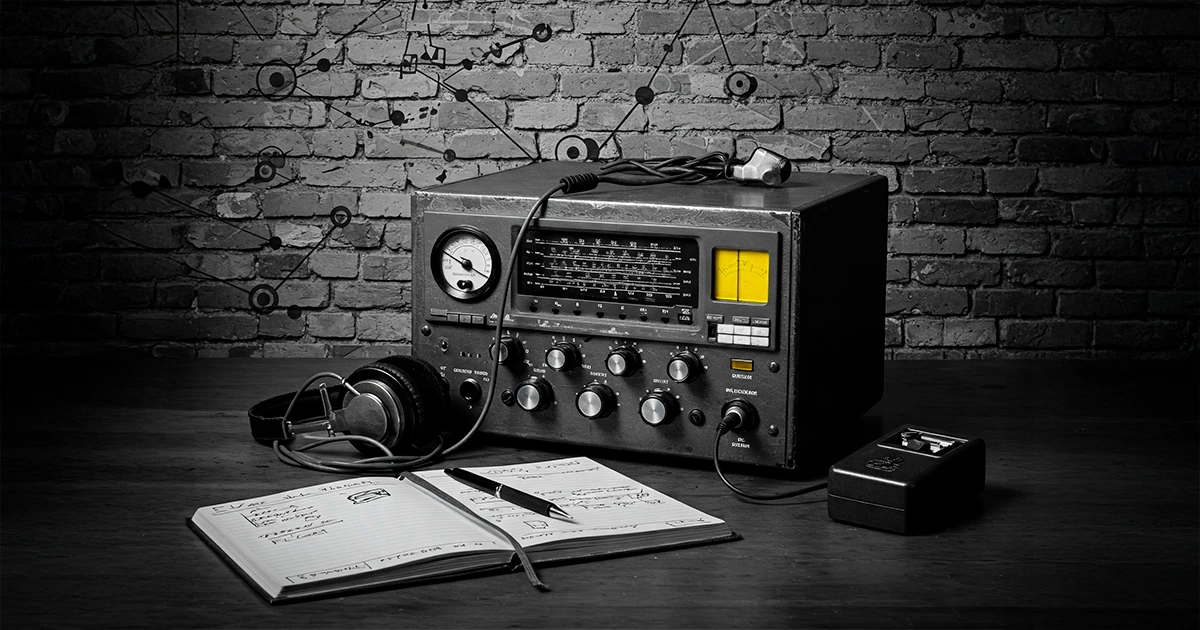 Radio vintage, con unos auriculares para realizar social listening.