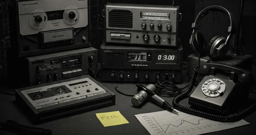 Imagen en la que podemos ver, una radio, unos auriculares, un teléfono, etc, que son útiles para realizar social listening.