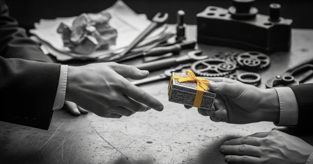 Manos intercambiando un pequeño regalo envuelto con lazo amarillo sobre una mesa industrial, simbolizando la reciprocidad como uno de los principios de persuasión de Cialdini.