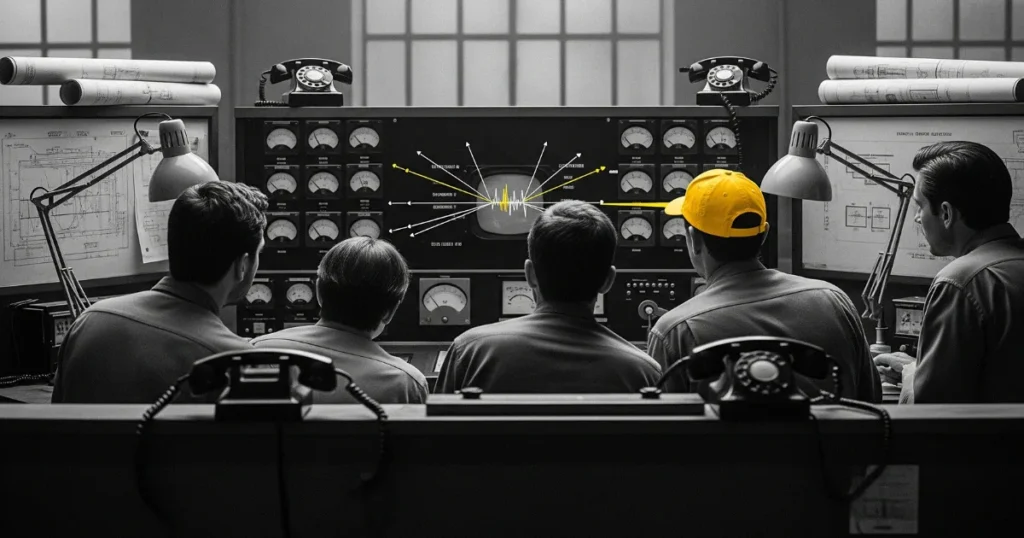 Grupo de técnicos observando un panel de control con gráficas de datos, donde uno destaca por llevar una gorra amarilla, ejemplificando el principio de consenso de los principios de persuasión de Cialdini en contextos de toma de decisiones grupales.