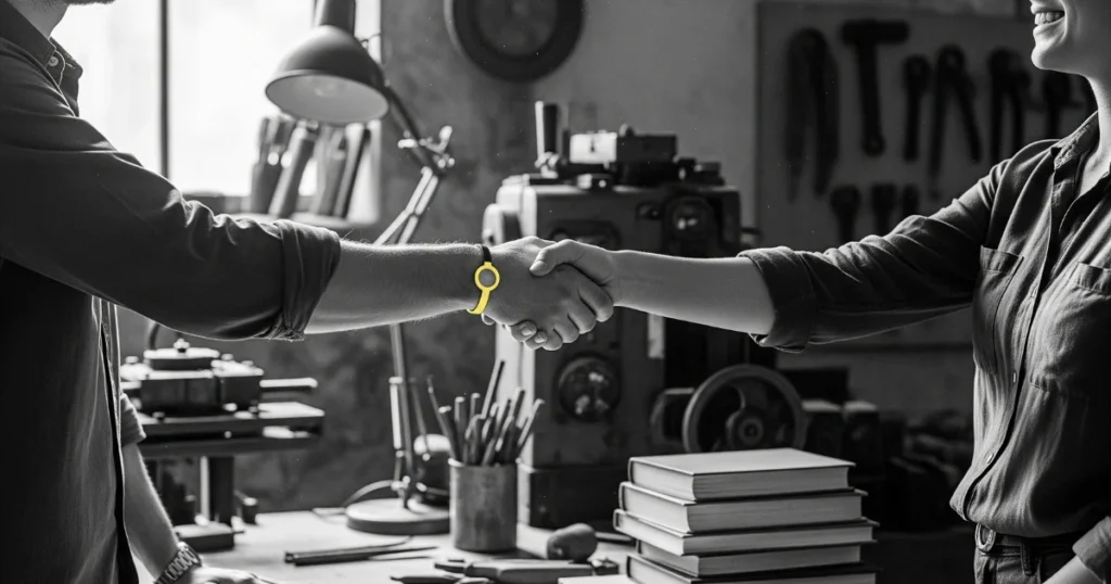 Dos personas estrechando las manos en un taller industrial, con una pulsera amarilla destacando, simbolizando acuerdo, confianza y colaboración profesional