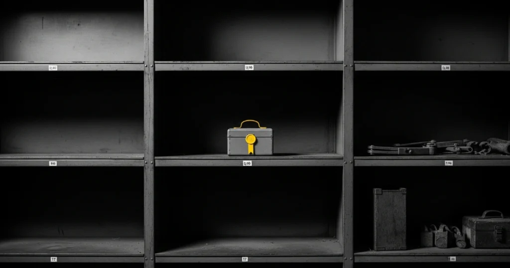 Caja metálica con sello amarillo en una estantería casi vacía, simbolizando el principio de escasez dentro de los principios de persuasión de Cialdini.