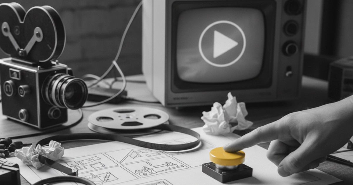 Mano presionando un botón amarillo frente a una cámara antigua y una televisión con ícono de reproducción, representando el inicio de estrategias de video marketing.