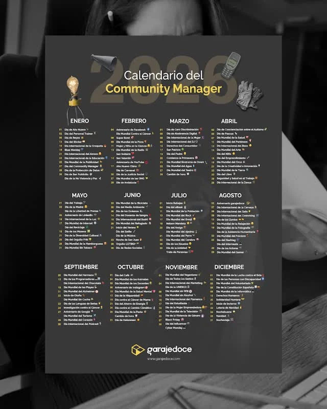 Ya está aquí. 🗓️
El calendario del CM 2026 que te salva de improvisar, de quedarte sin ideas…
y de olvidar el Día Mundial de la Croqueta.Días frikis, mundiales, absurdos, útiles y de esos que te salvan el post del martes.
Sí, los hemos metido todos.🎯 Si llevas redes, haces contenido o curras en marketing, esto te interesa (y mucho).👉 SÍGUENOS, deja en comentarios la palabra CALENDARIO y te enviaremos el enlace directo para que lo puedas tener tanto en PDF como en Google Calendar 👀#Garajedoce #garajedario #alicante #Marketingdigital #marketing360 #calendario2026 #communitymanager #calendariocommunitymanager #gestiónderedessolciales #RedesSociales